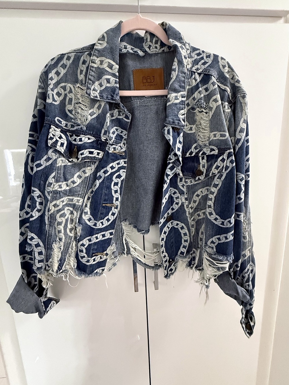 BBJ Distressed Chain-Print Denim Jacket in Dark Blue